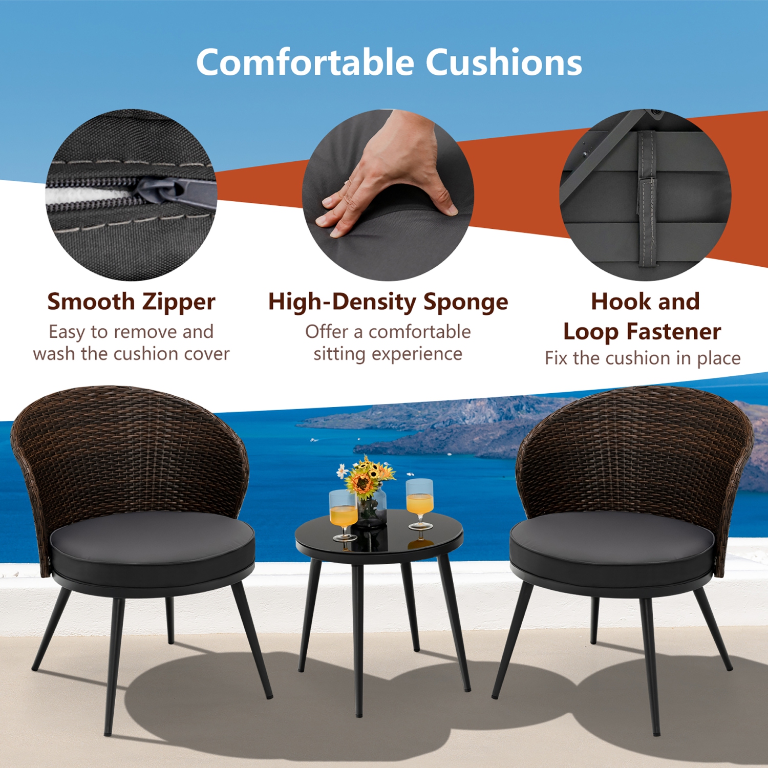 Costway 3PCS Patio Rattan Bistro Furniture Set Cushioned Chair Table Garden