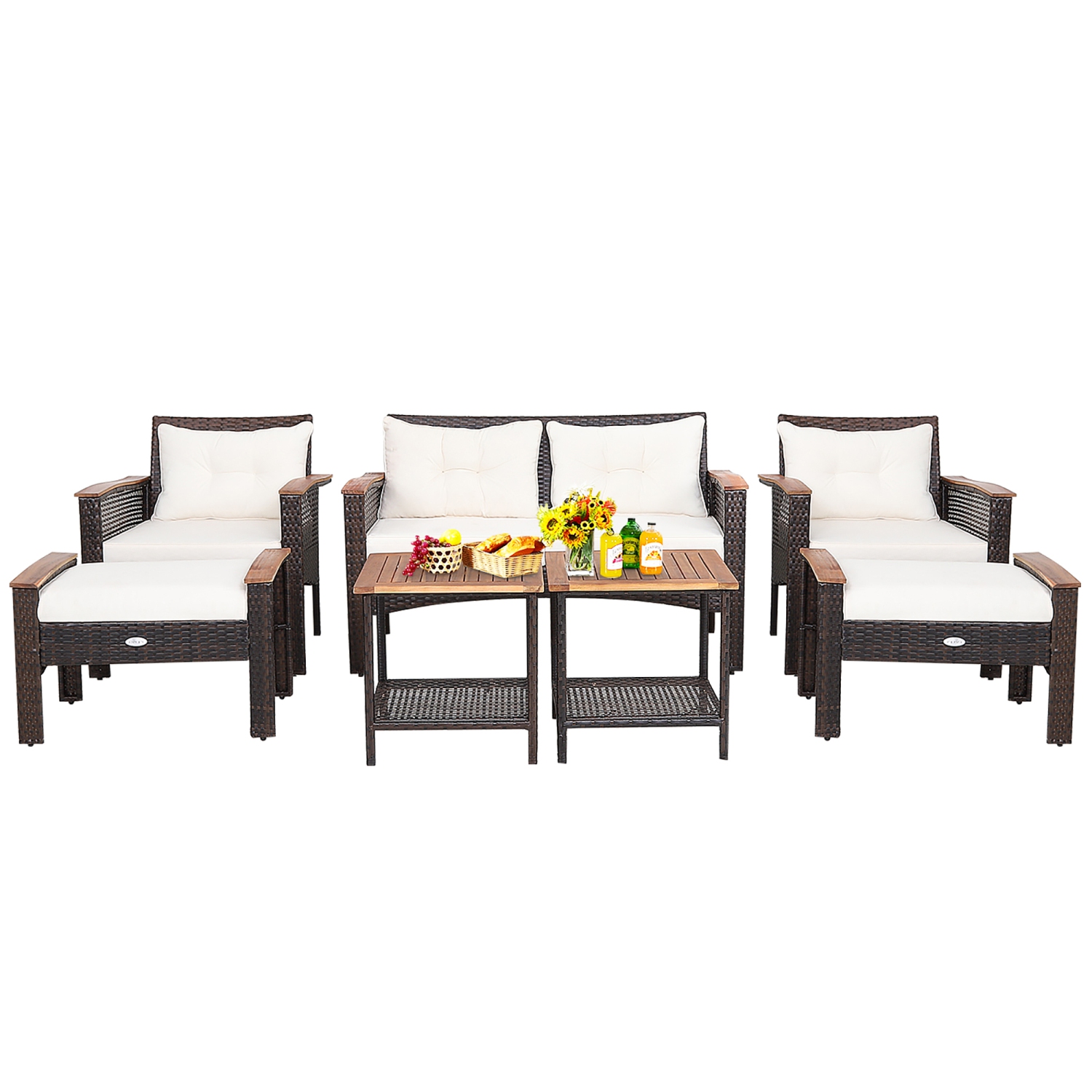 Costway 7PCS Patio Rattan Furniture Set Cushioned Loveseat Sofa Ottoman Table