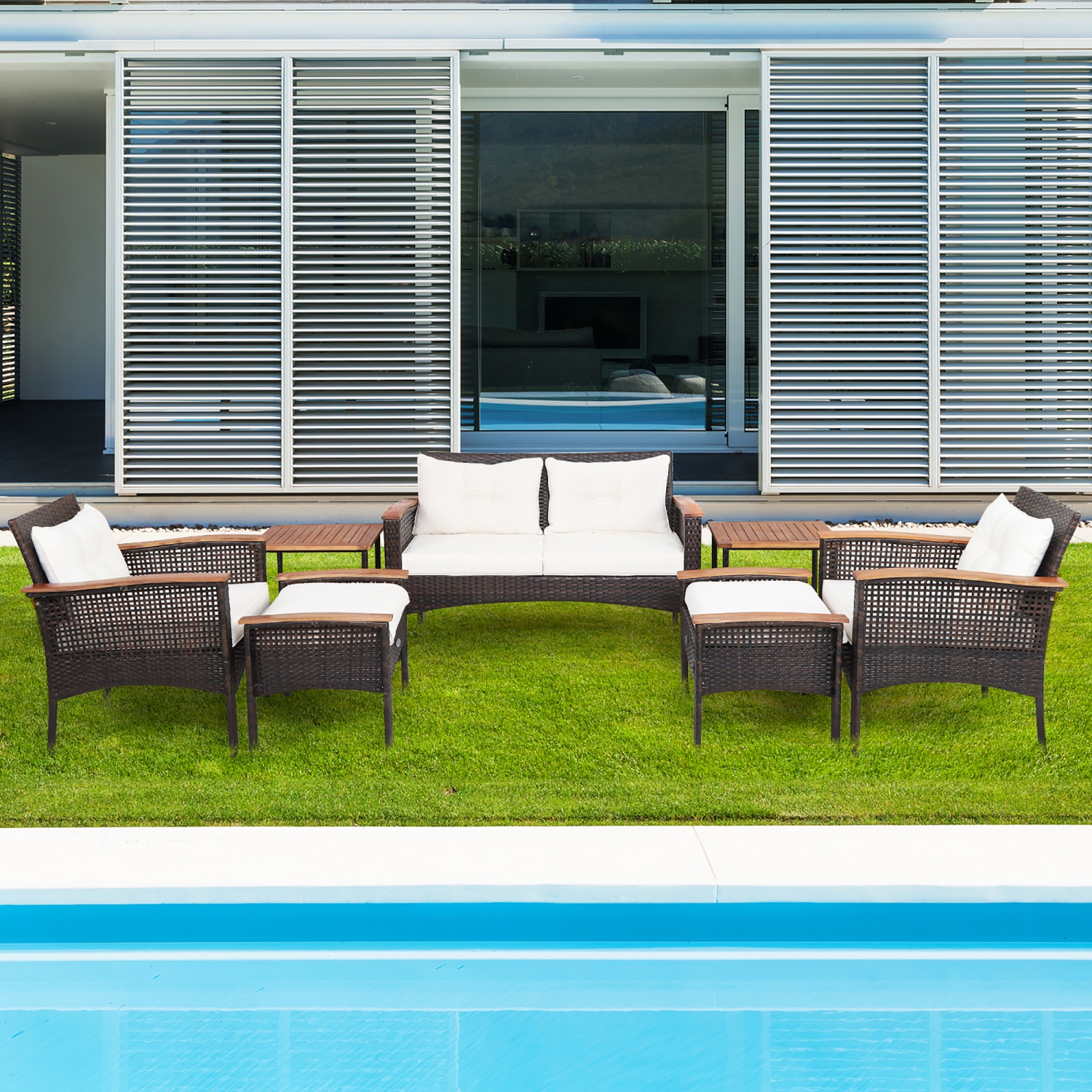 Costway 7PCS Patio Rattan Furniture Set Cushioned Loveseat Sofa Ottoman Table