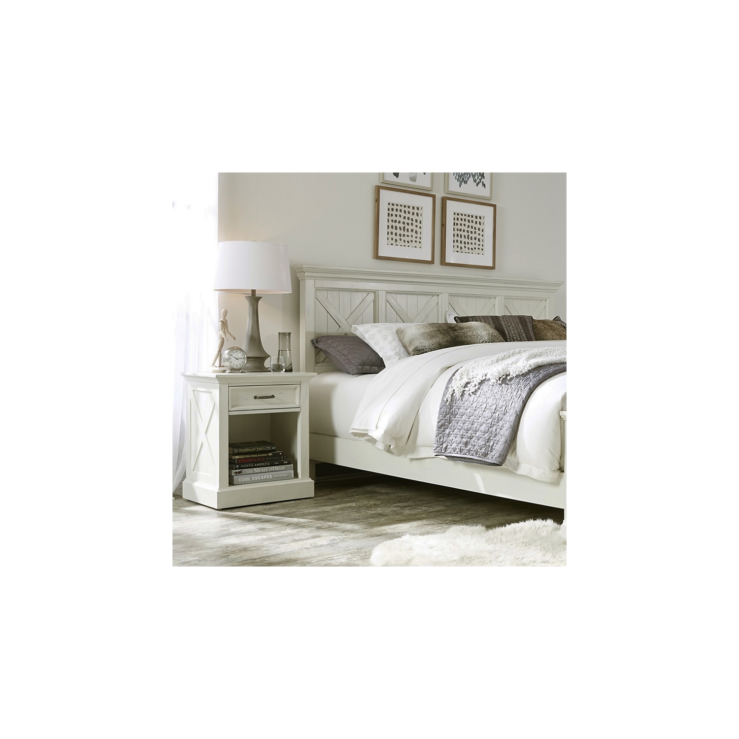 Homestyles – tête de lit et table de chevet en bois Seaside Lodge pour très grand lit, blanc cassé