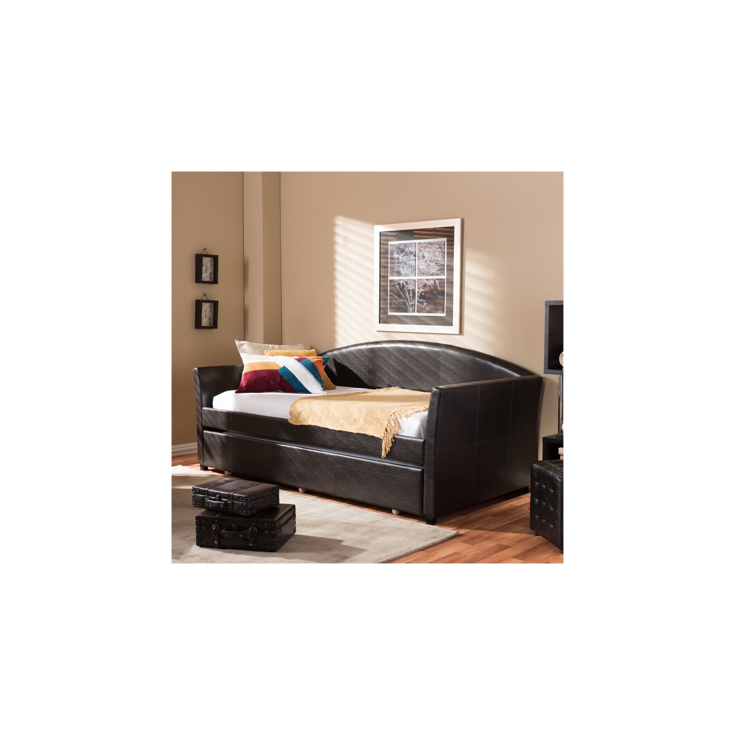 Bowery Hill Modern Faux Leather Twin Daybed with Trundle in Brown
