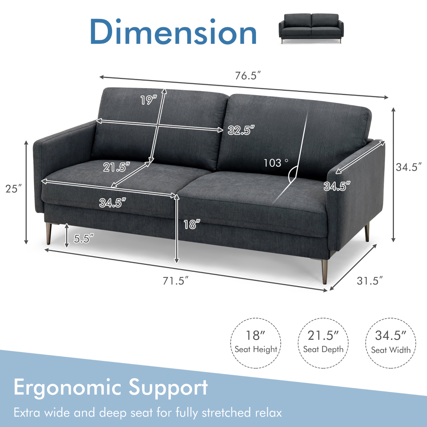 Costway 76.5" Fabric Sofa Couch Living Room Small Apartment Furniture w/ Metal Leg