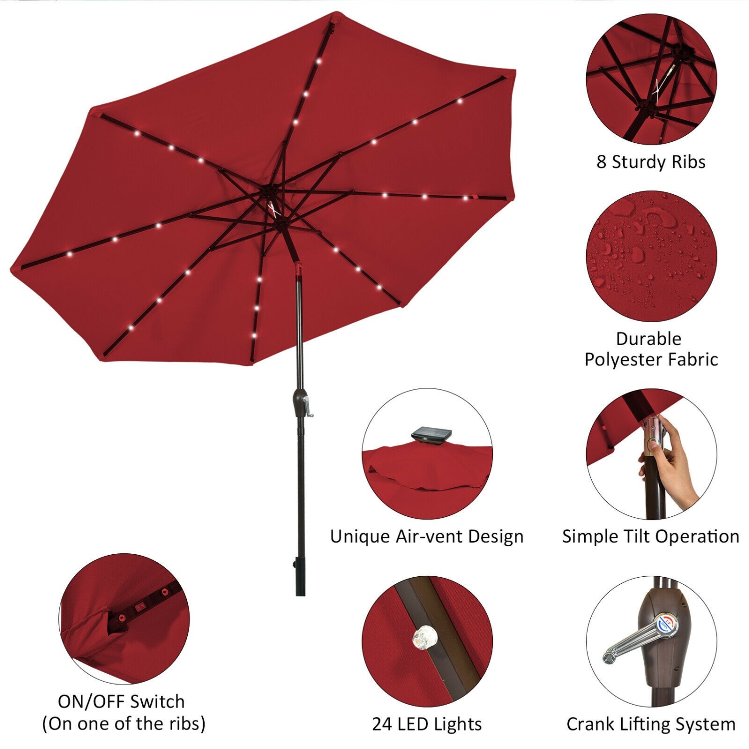 Bright Solar LED Patio Umbrella 10 Feet for Garden and Deck