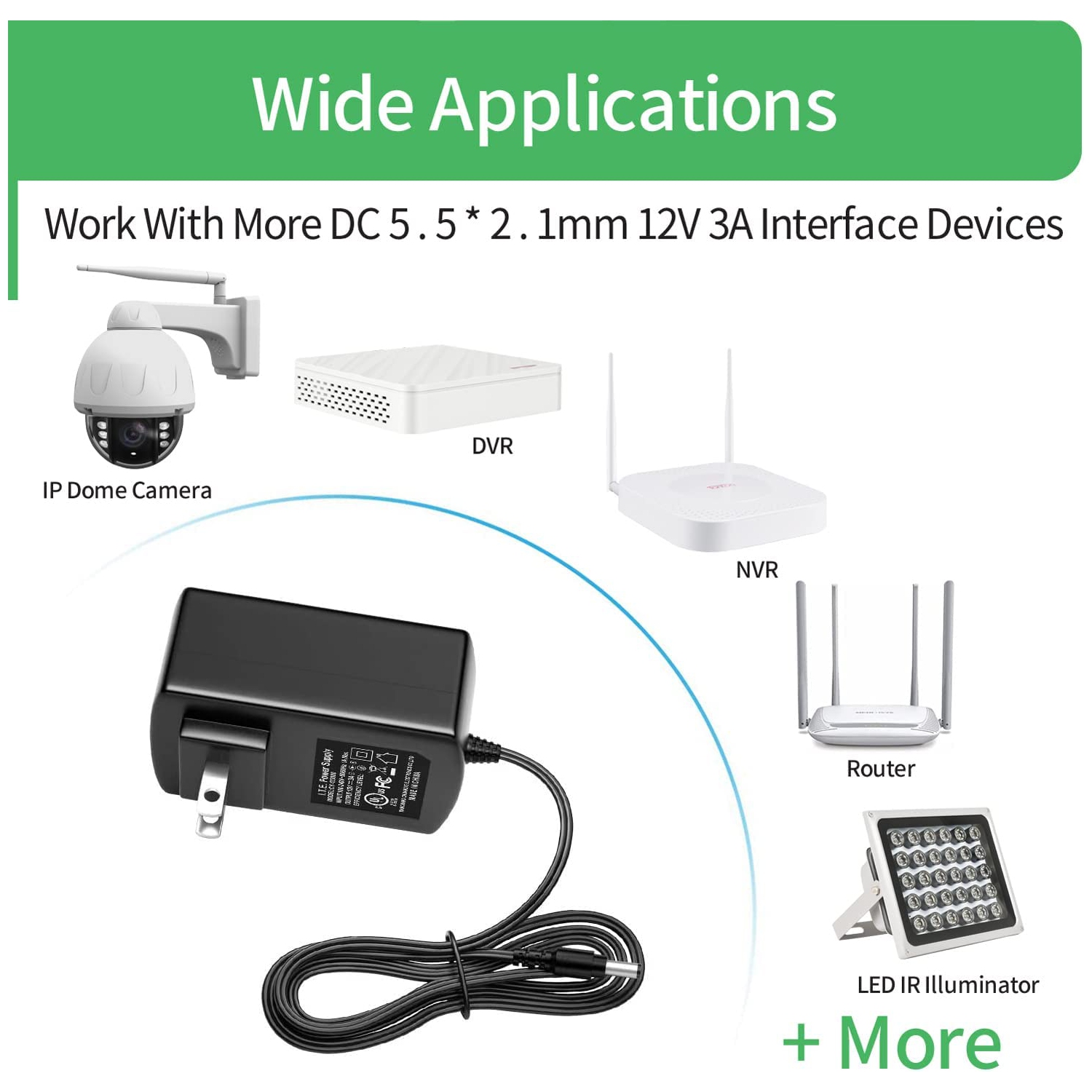 Dolaer – Adaptateur d’alimentation c.a. à c.c. de 12 V, 3 a, 5,5 x 2,1 mm pour caméra de surveillance vidéo enregistreur vidéo numérique NVR