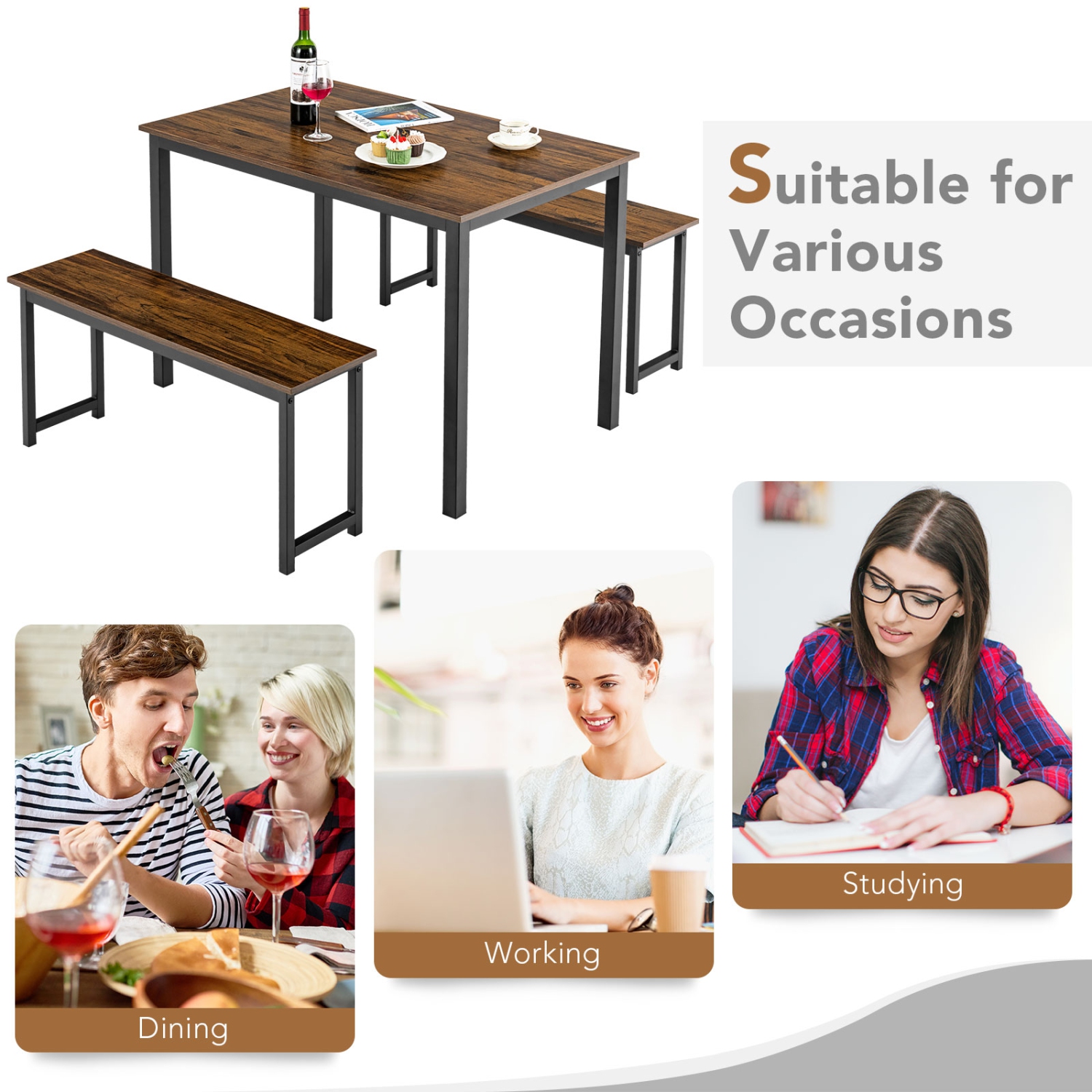 Topbuy 3pcs Dining Table Set for 4 Modern Industrial Counter Height Kitchen Table Set with 2 Benches for Dining Room Natural/Brown