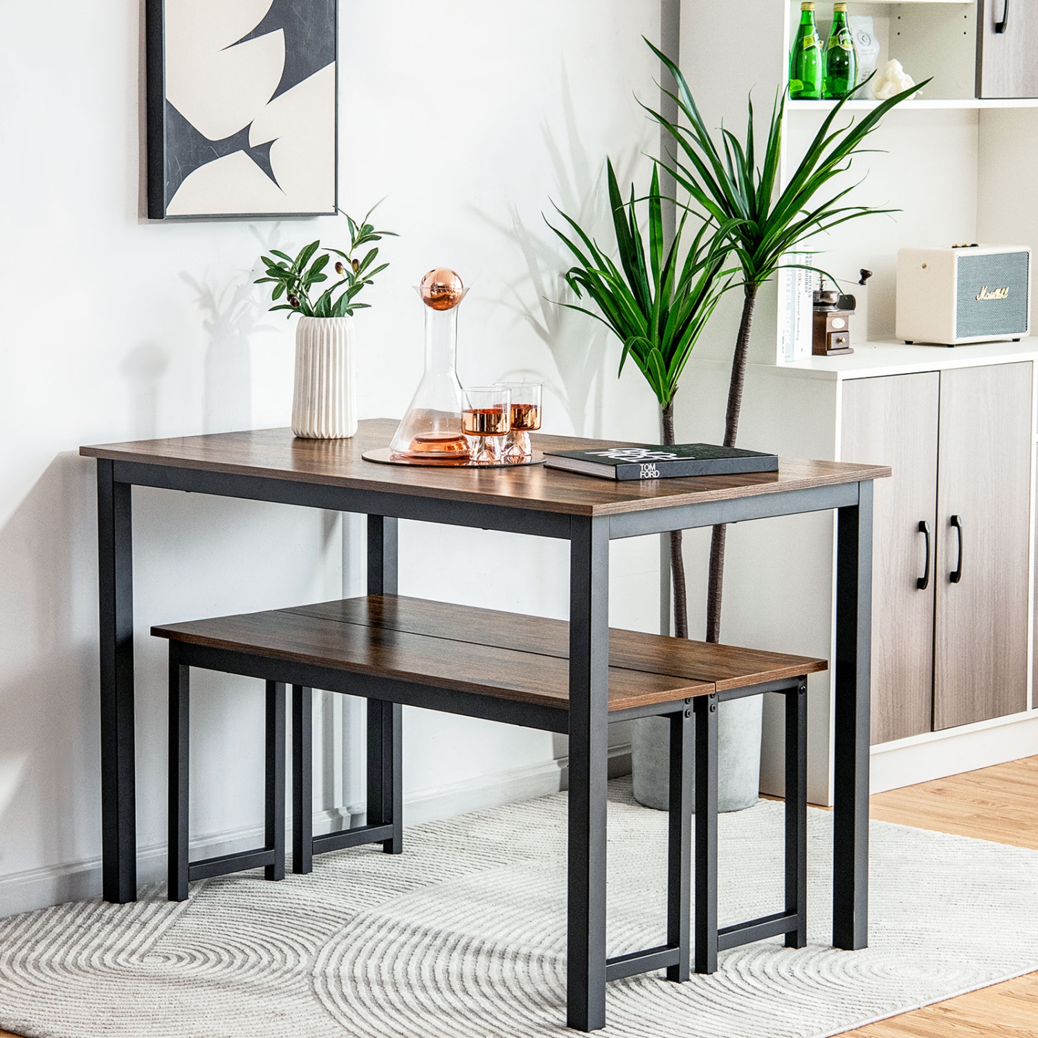 Topbuy 3pcs Dining Table Set for 4 Modern Industrial Counter Height Kitchen Table Set with 2 Benches for Dining Room Natural/Brown