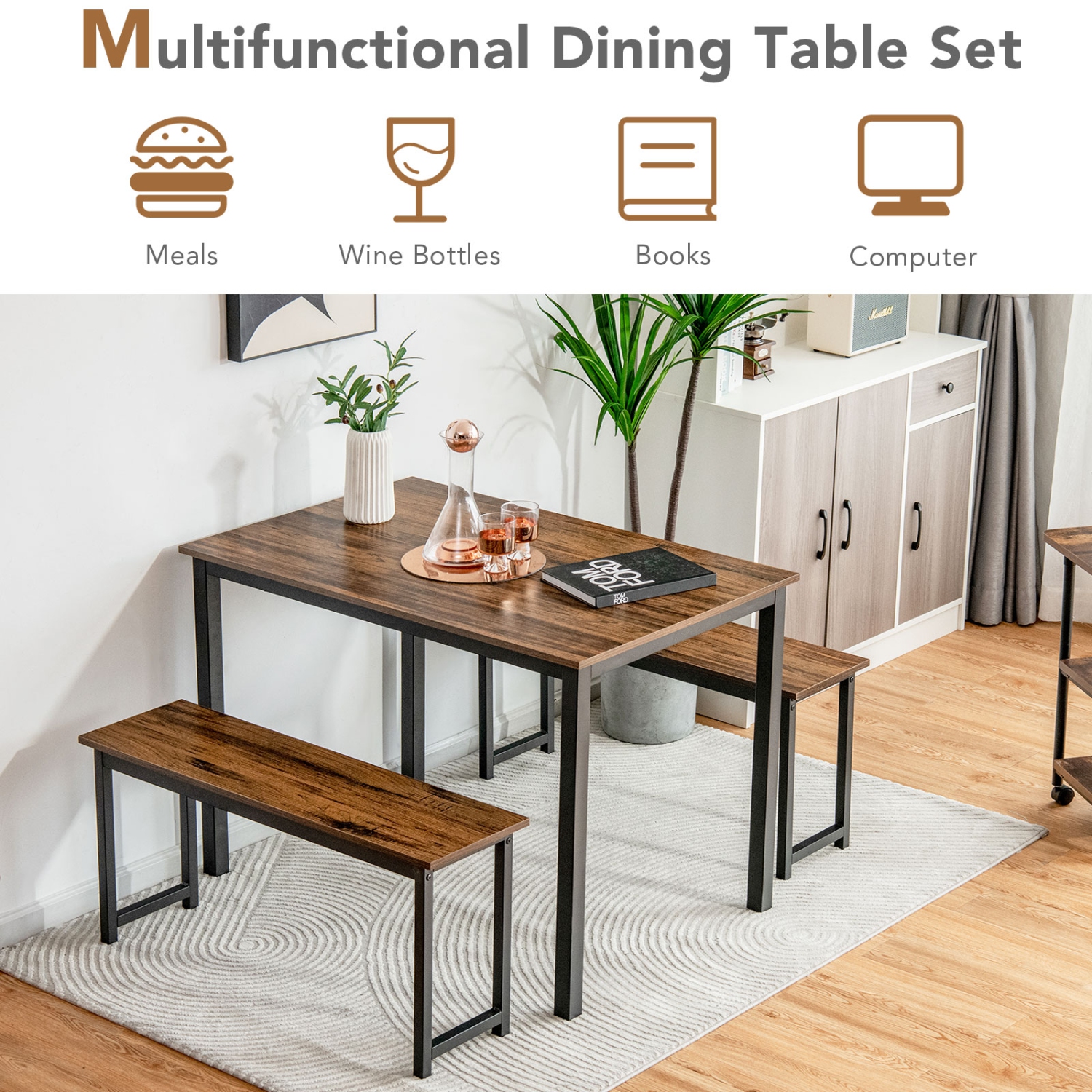 Topbuy 3pcs Dining Table Set for 4 Modern Industrial Counter Height Kitchen Table Set with 2 Benches for Dining Room Natural/Brown