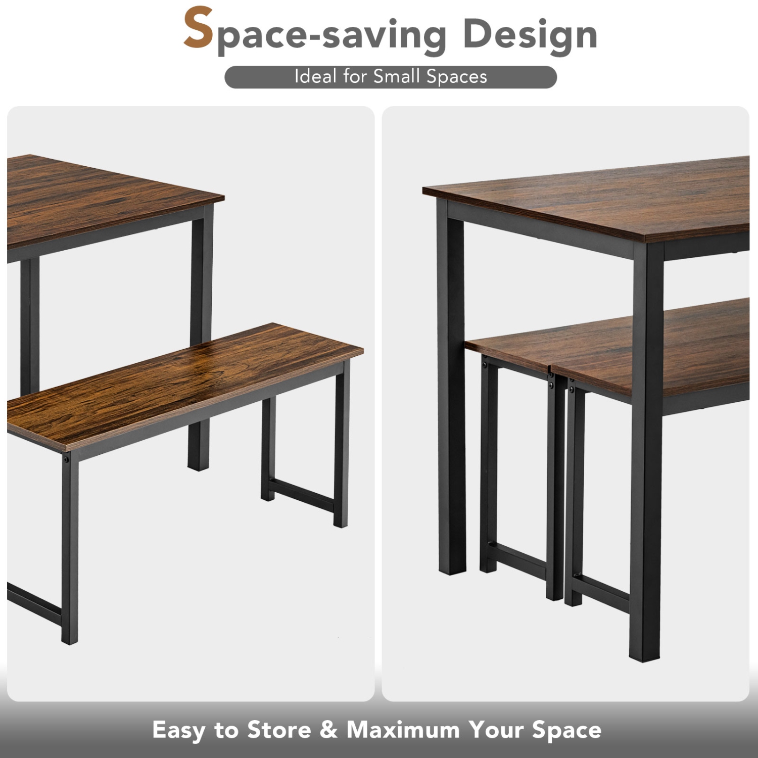 Topbuy 3pcs Dining Table Set for 4 Modern Industrial Counter Height Kitchen Table Set with 2 Benches for Dining Room Natural/Brown