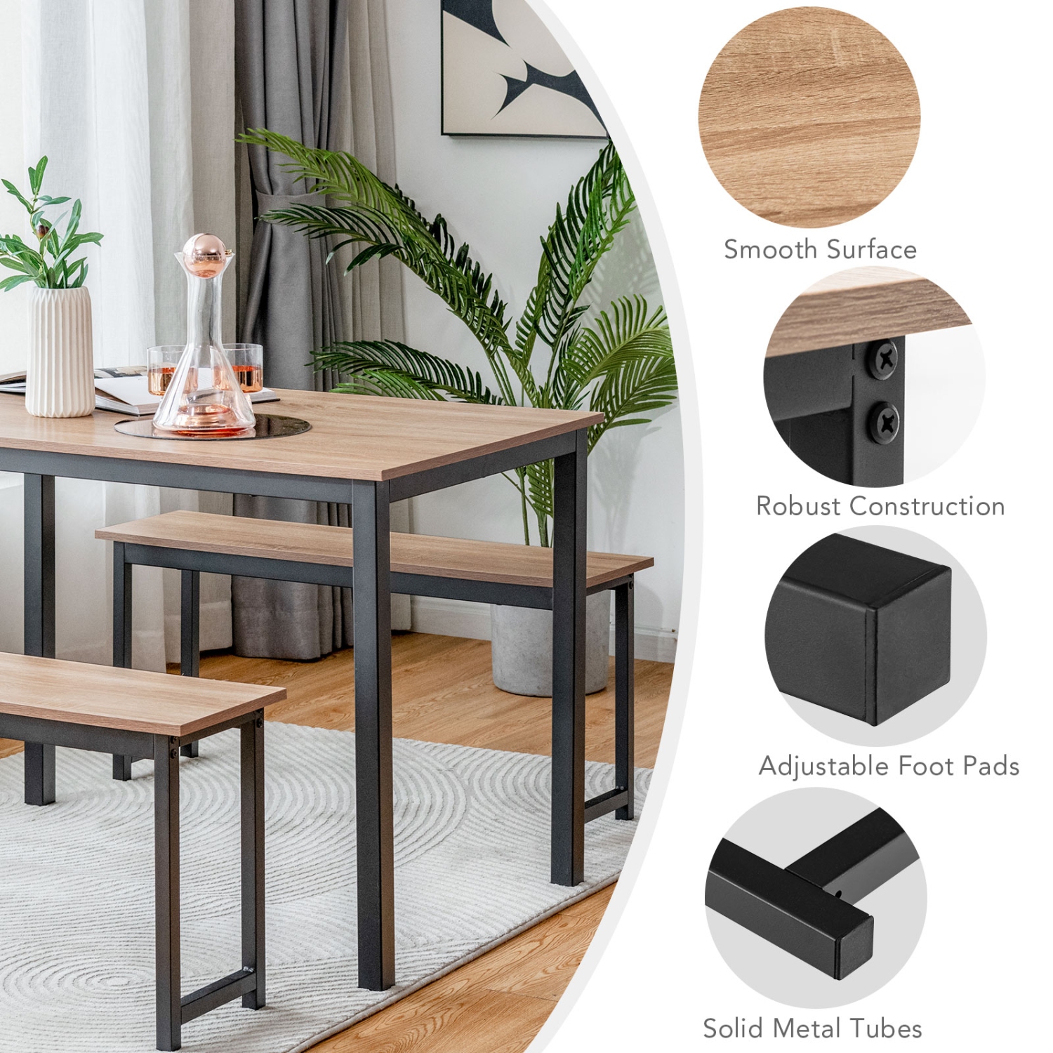 Topbuy 3pcs Dining Table Set for 4 Modern Industrial Counter Height Kitchen Table Set with 2 Benches for Dining Room Natural/Brown