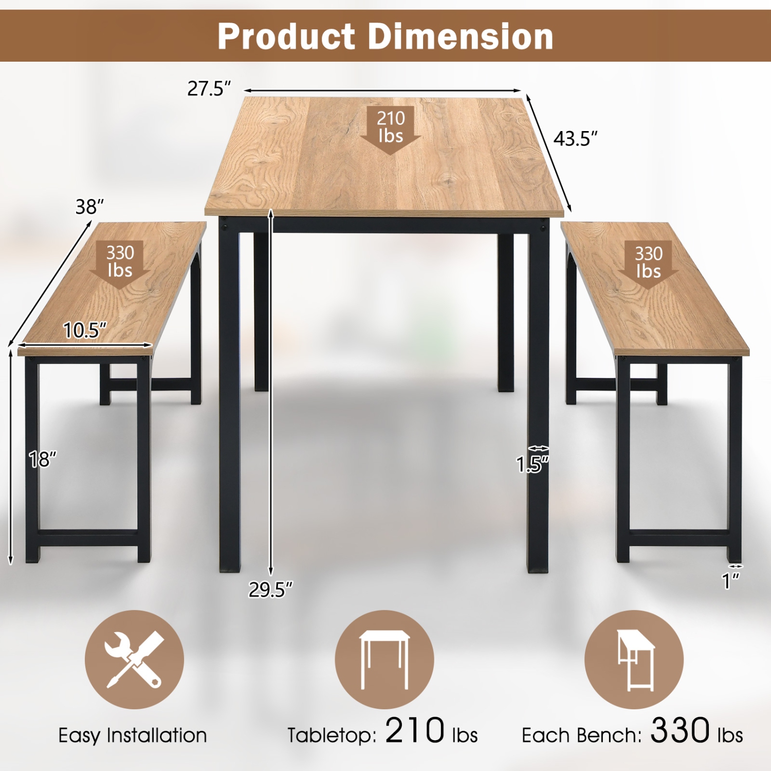 Topbuy 3pcs Dining Table Set for 4 Modern Industrial Counter Height Kitchen Table Set with 2 Benches for Dining Room Natural/Brown