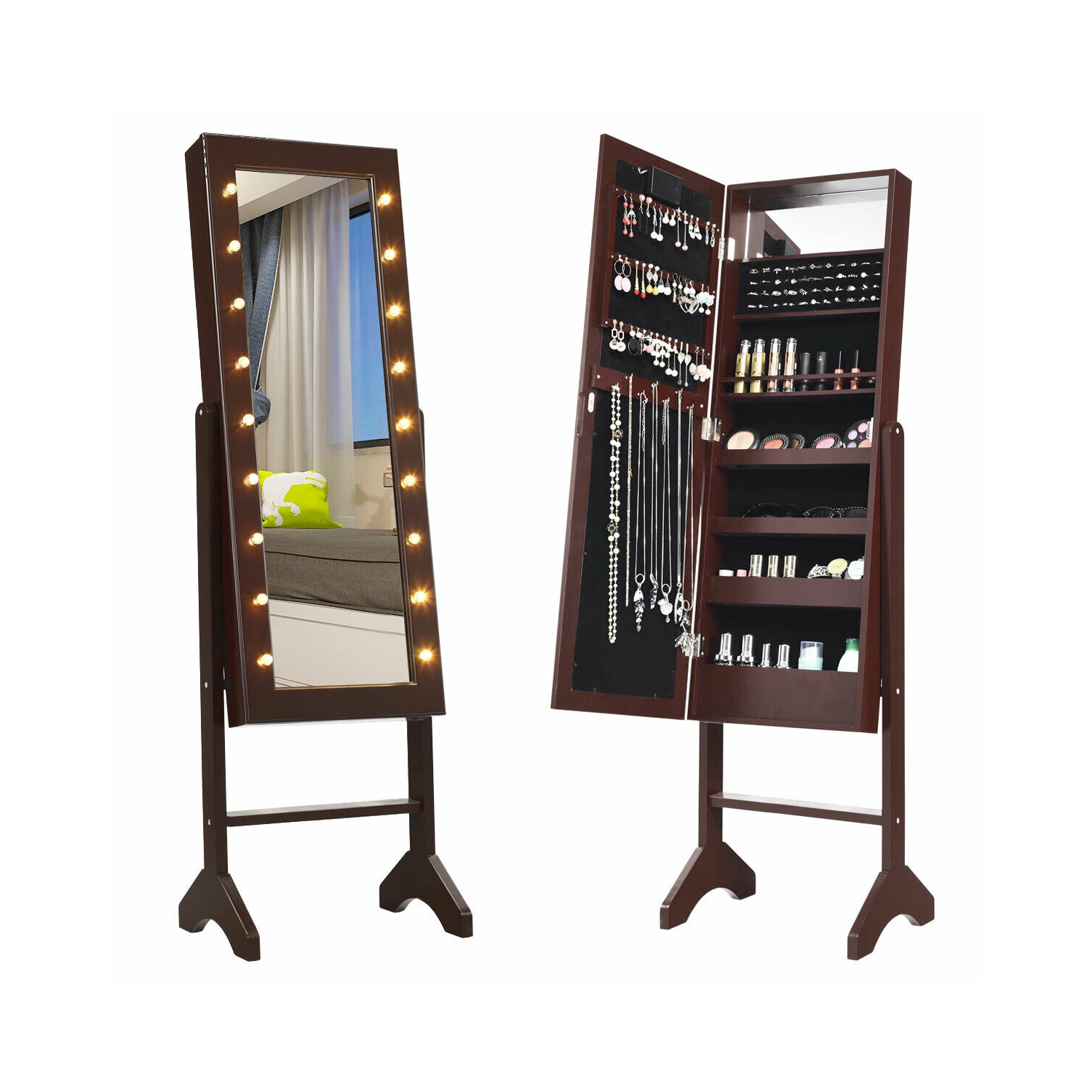 Gymax Full Length Mirror Jewelry Organizer Vanity Box w/ 18 LED Lights