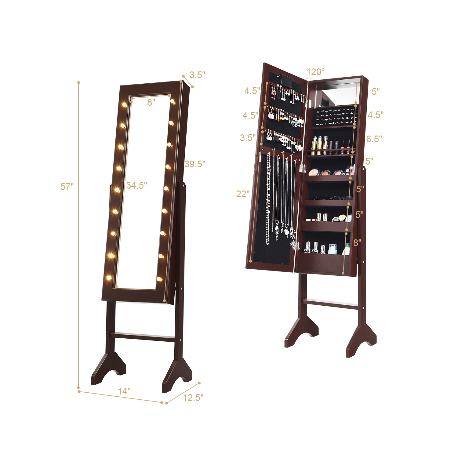 Gymax Full Length Mirror Jewelry Organizer Vanity Box w/ 18 LED Lights