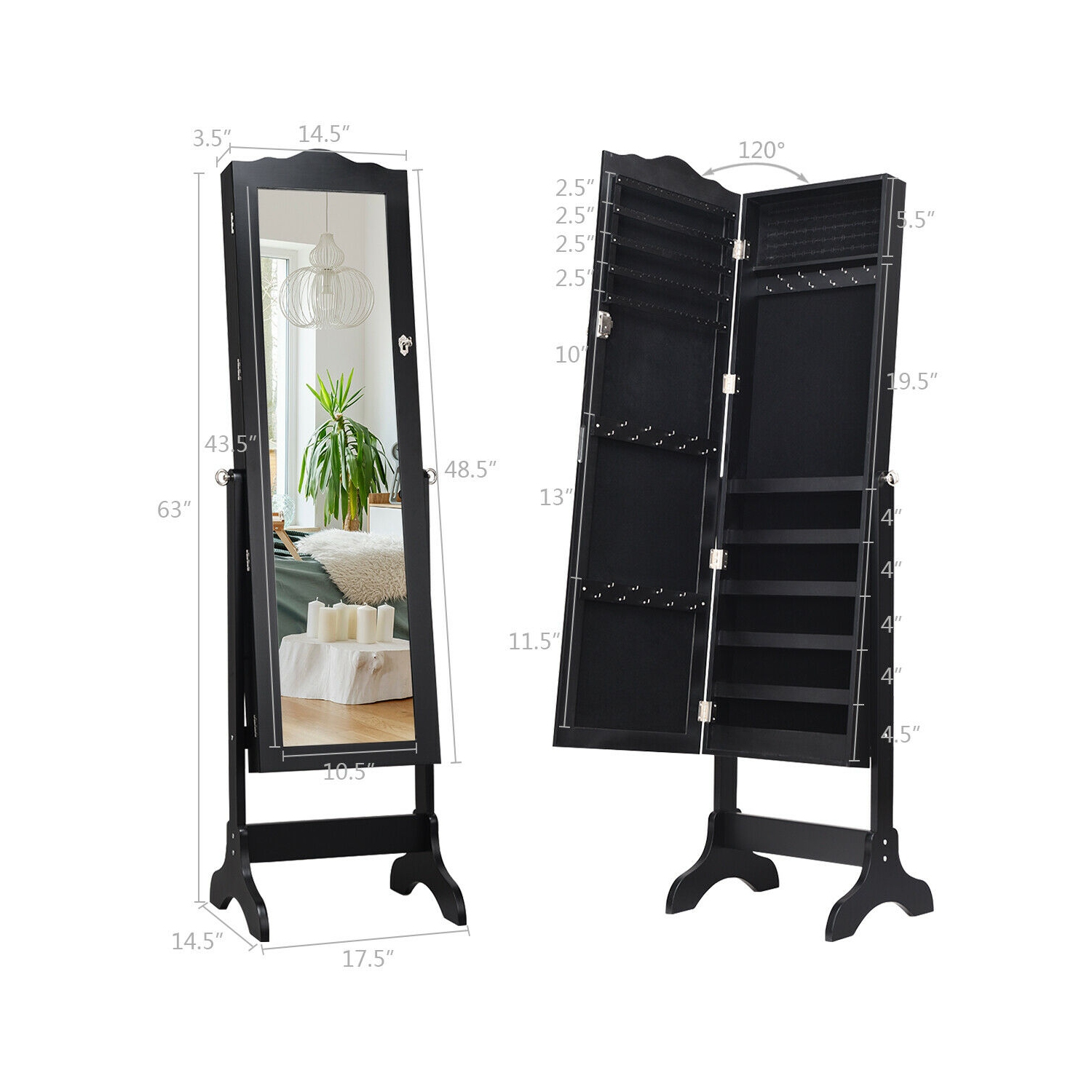 Gymax 4 Angle Adjustable Full Length Mirror Jewelry Organizer Vanity Box Black/White
