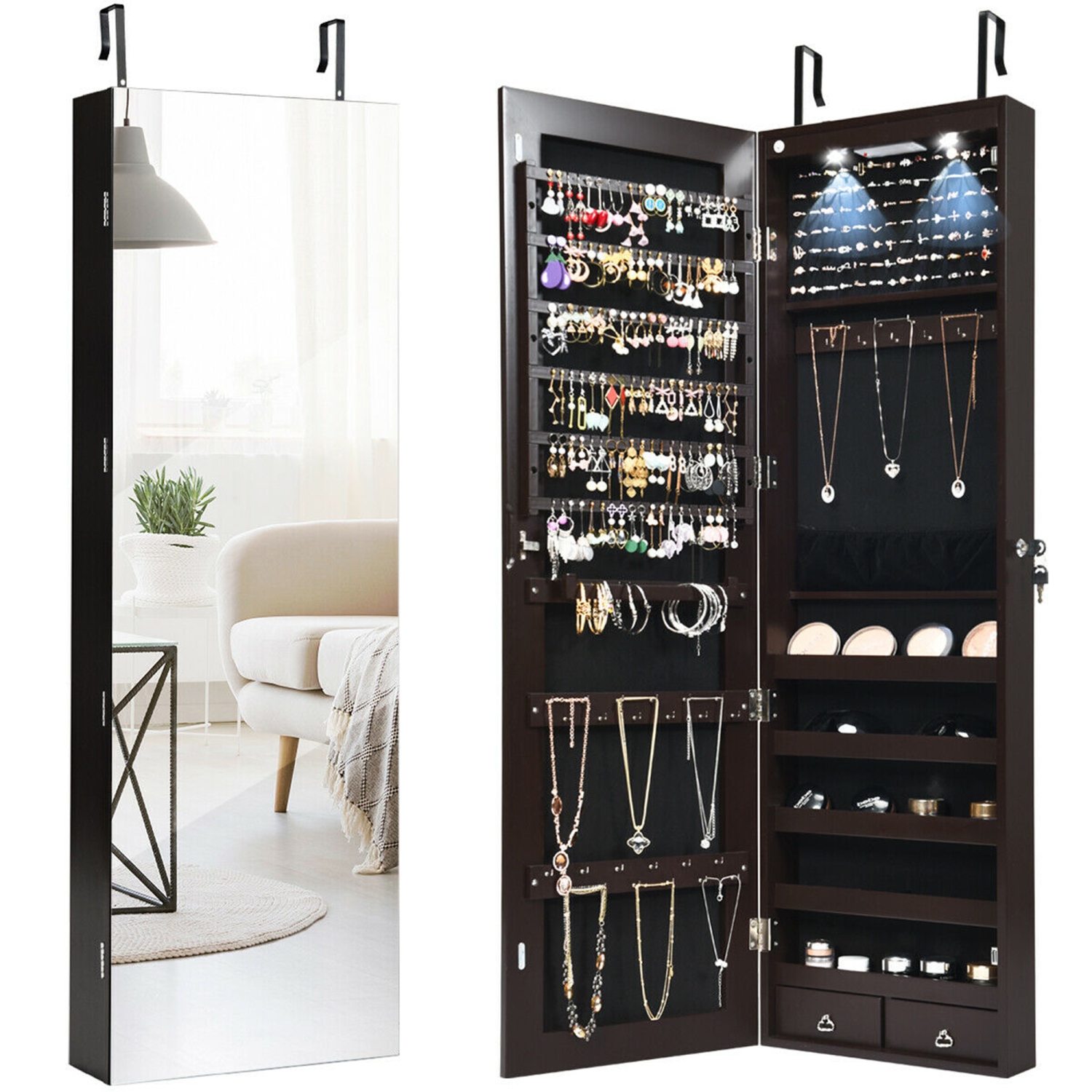 Gymax Mirrored Wall & Door Mounted Jewelry Storage Cabinet Organizer W/ Lights&Drawer