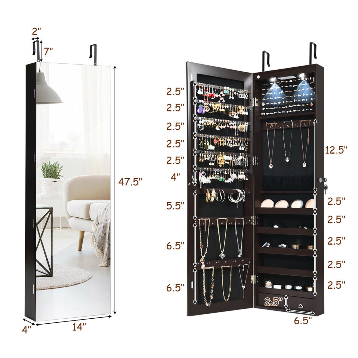 Gymax Mirrored Wall & Door Mounted Jewelry Storage Cabinet Organizer W/ Lights&Drawer
