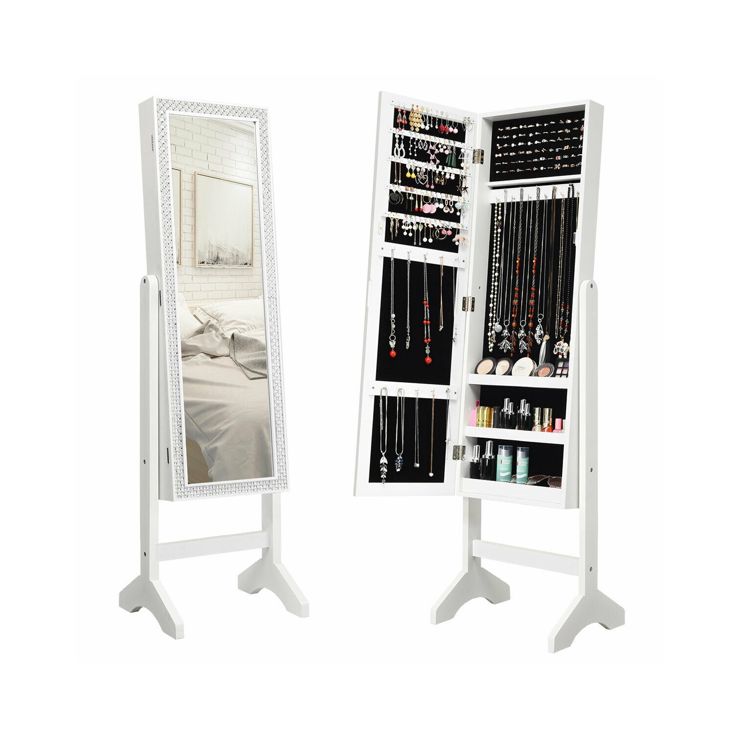 Gymax Full Length Mirror Jewelry Organizer Vanity Box w/ 18 LED Lights