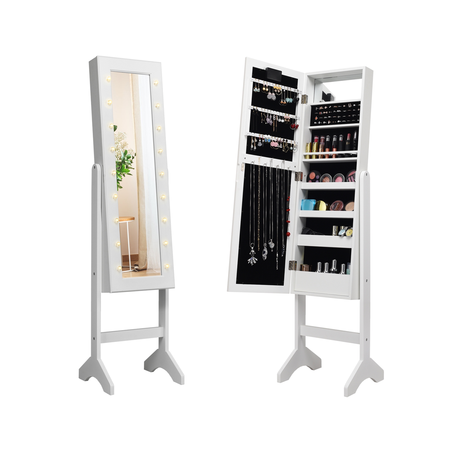 Gymax Full Length Mirror Jewelry Organizer Vanity Box w/ 18 LED Lights