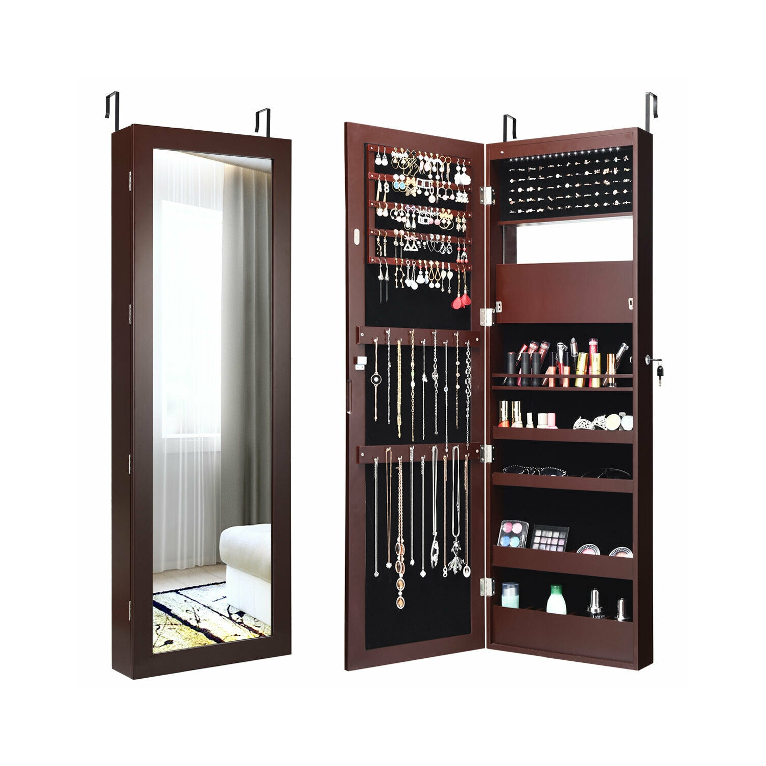 Gymax Wall Door Mounted Lockable Jewelry Cabinet Armoire Organizer w/LED