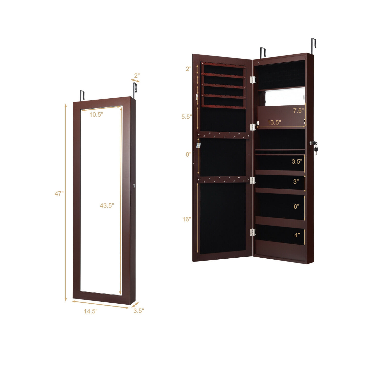 Gymax Wall Door Mounted Lockable Jewelry Cabinet Armoire Organizer w/LED