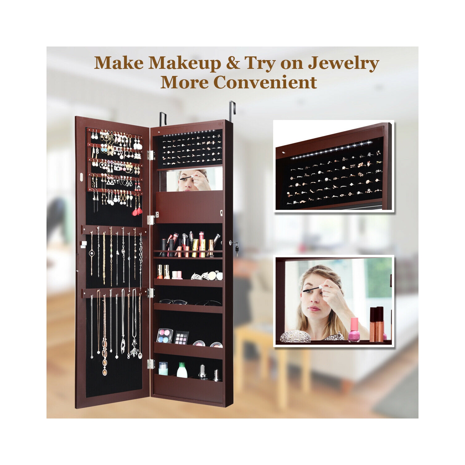 Gymax Wall Door Mounted Lockable Jewelry Cabinet Armoire Organizer w/LED