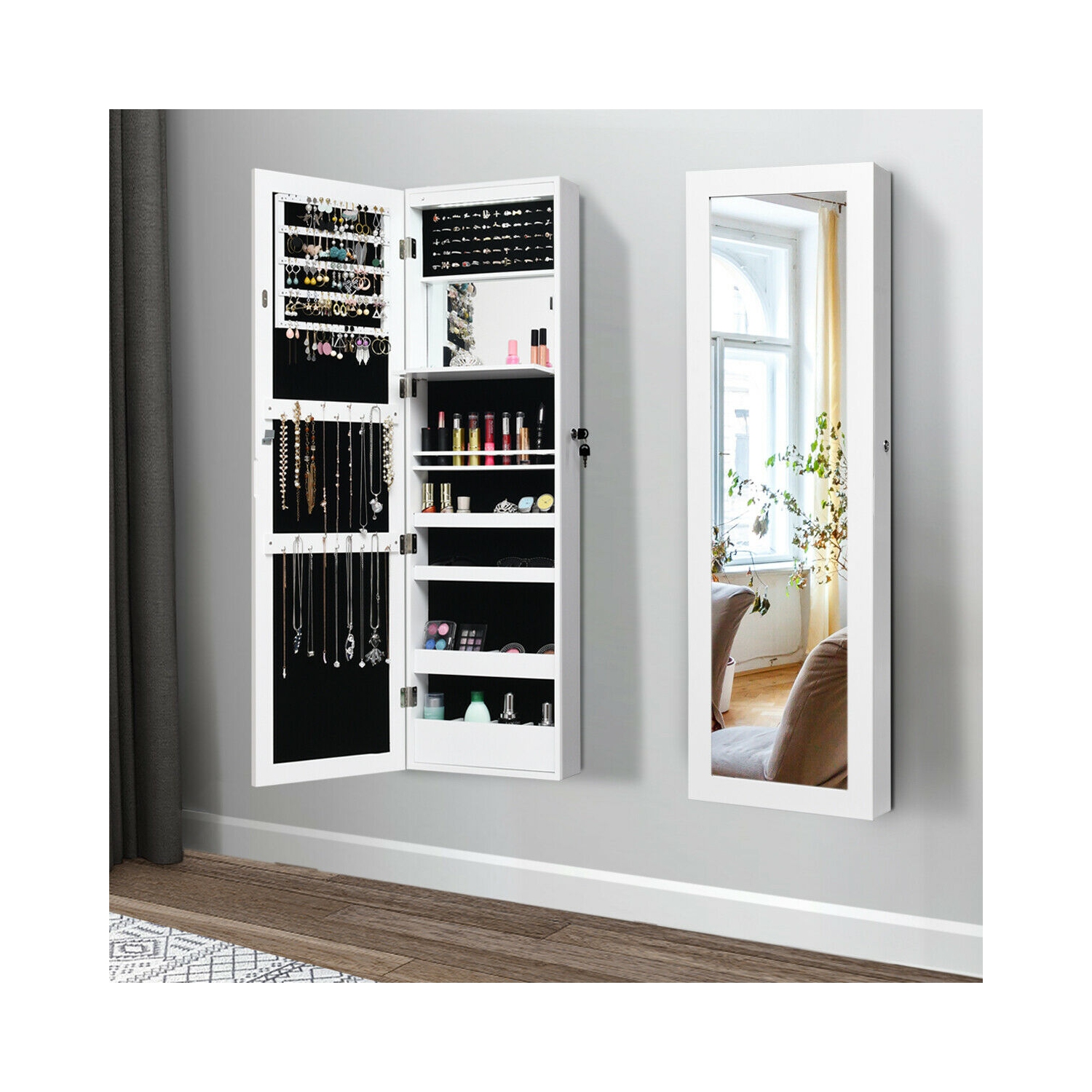 Gymax Wall Door Mounted Lockable Jewelry Cabinet Armoire Organizer w/LED