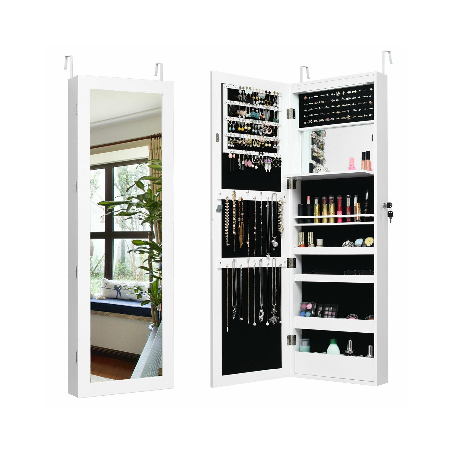 Gymax Wall Door Mounted Lockable Jewelry Cabinet Armoire Organizer w/LED