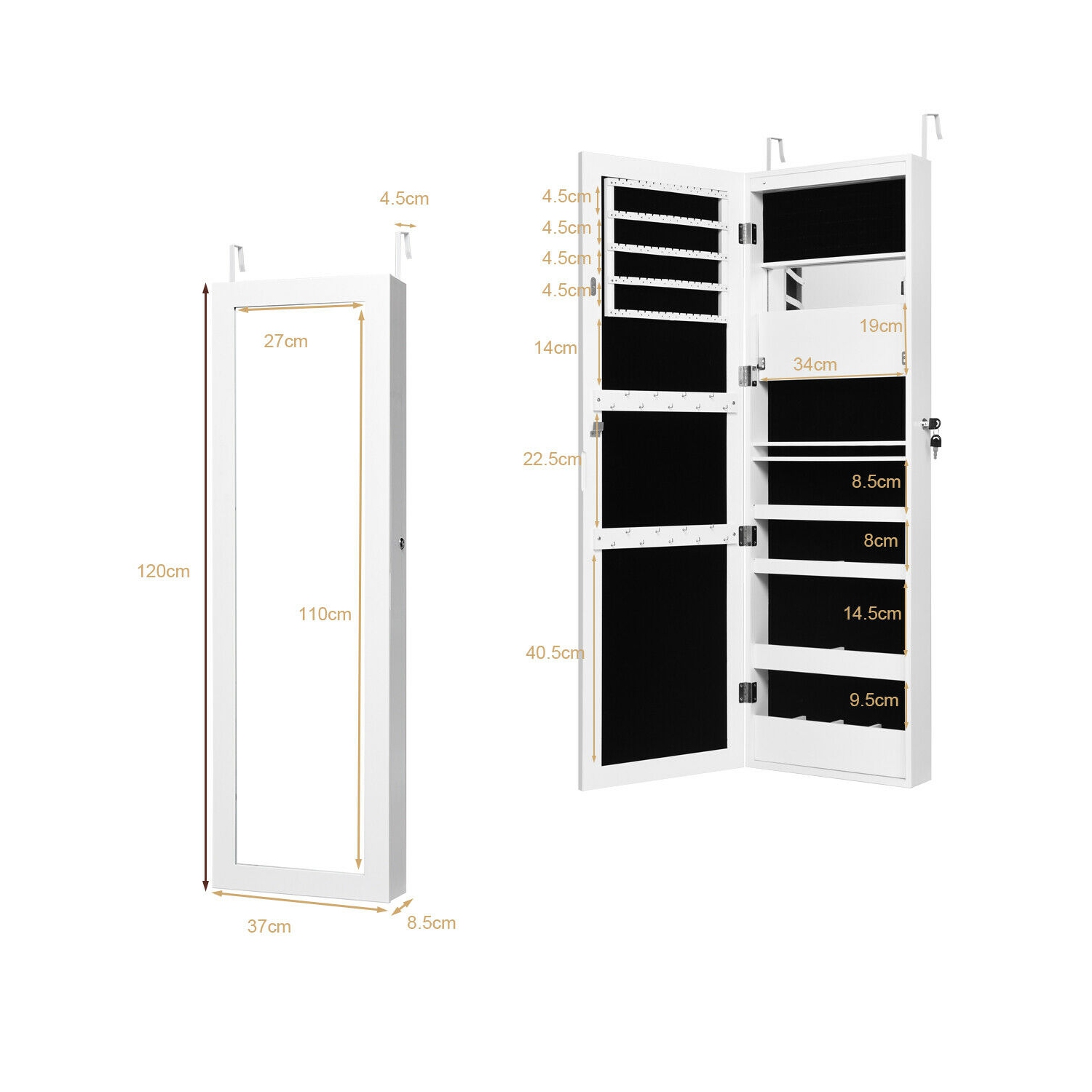 Gymax Wall Door Mounted Lockable Jewelry Cabinet Armoire Organizer w/LED