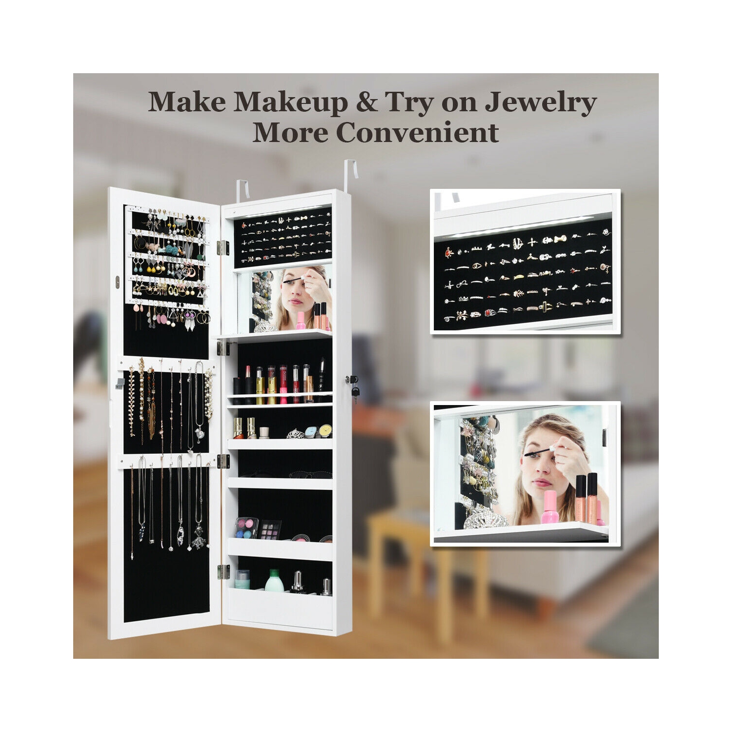 Gymax Wall Door Mounted Lockable Jewelry Cabinet Armoire Organizer w/LED