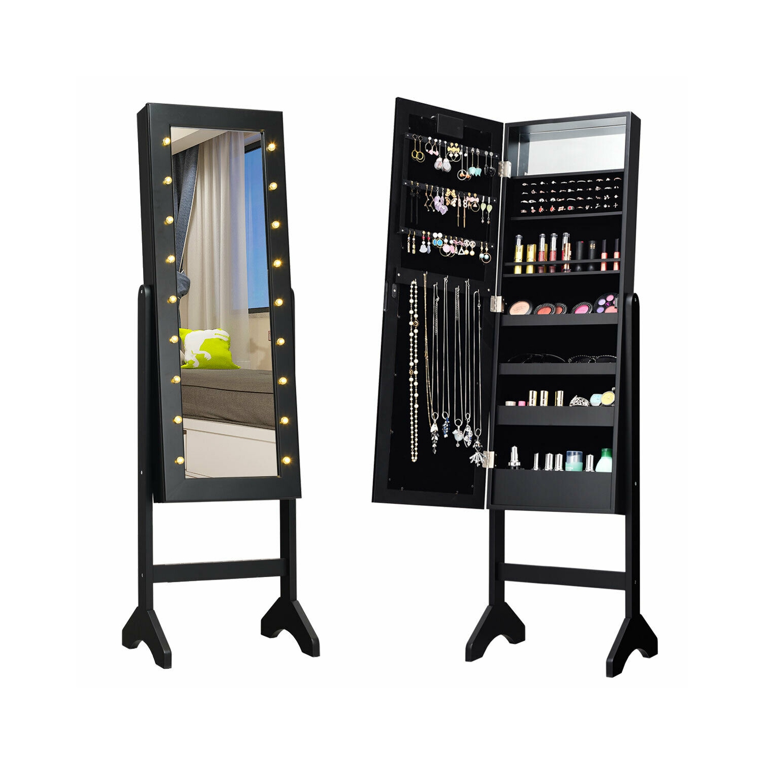 Gymax Full Length Mirror Jewelry Organizer Vanity Box w/ 18 LED Lights