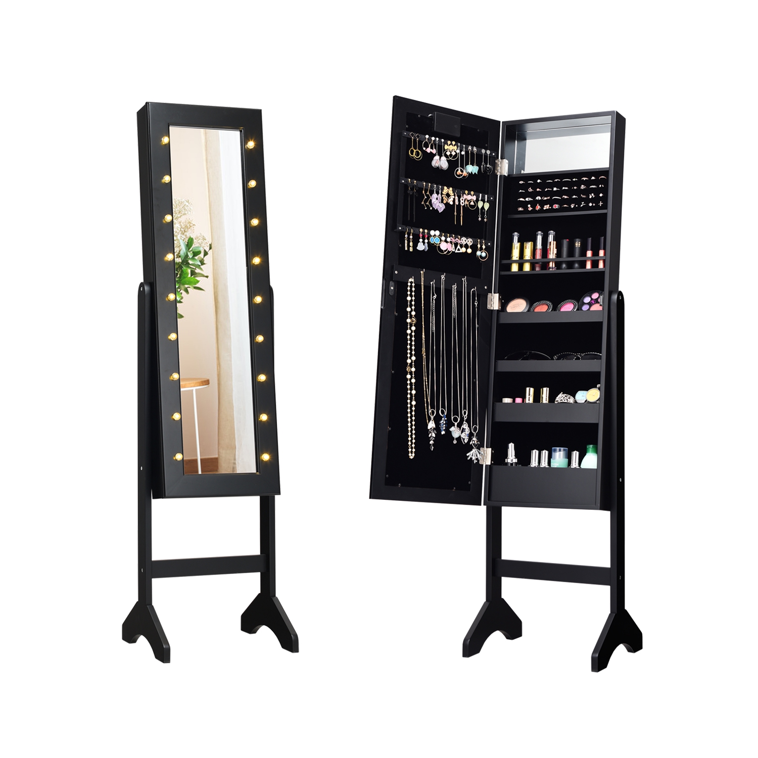 Gymax Full Length Mirror Jewelry Organizer Vanity Box w/ 18 LED Lights
