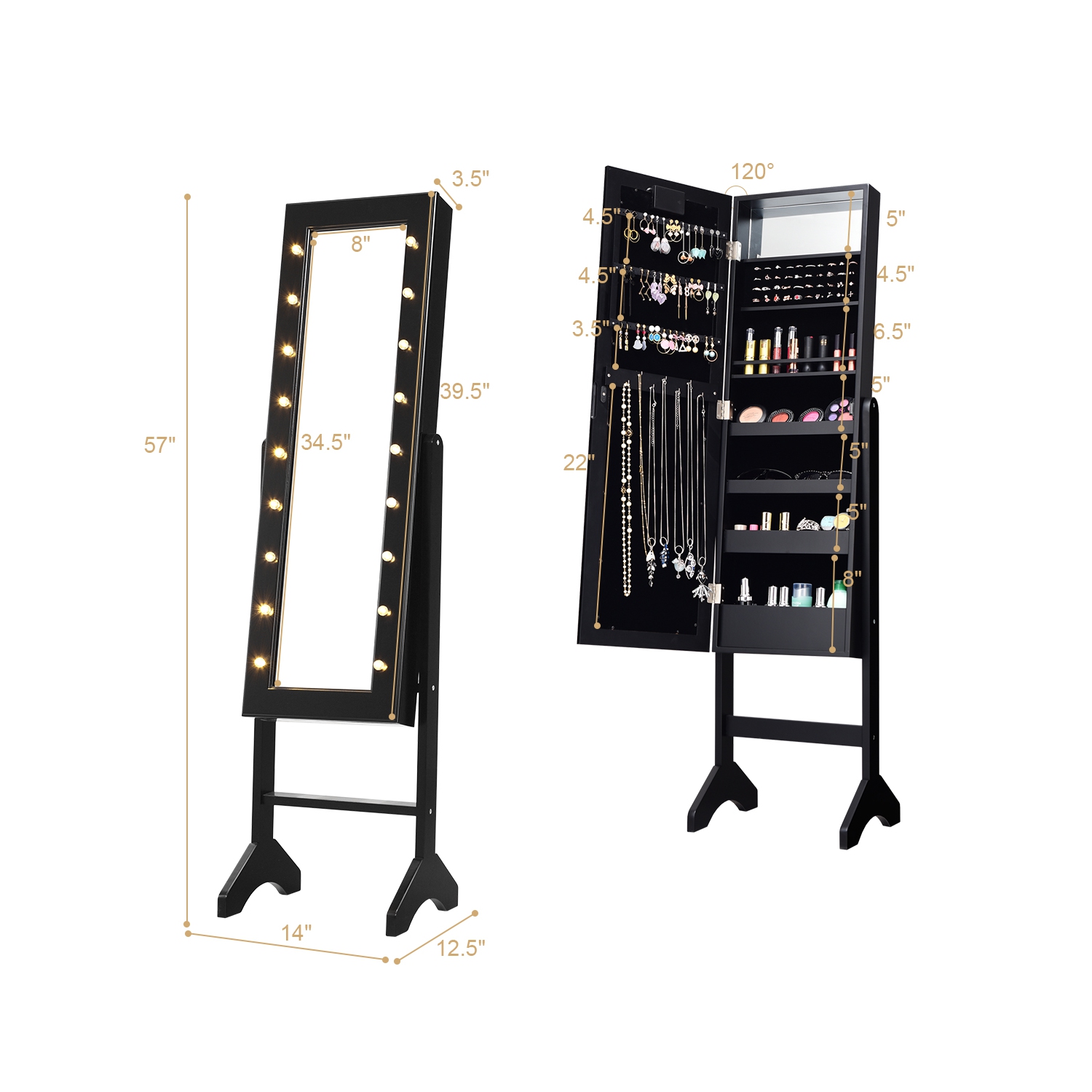 Gymax Full Length Mirror Jewelry Organizer Vanity Box w/ 18 LED Lights