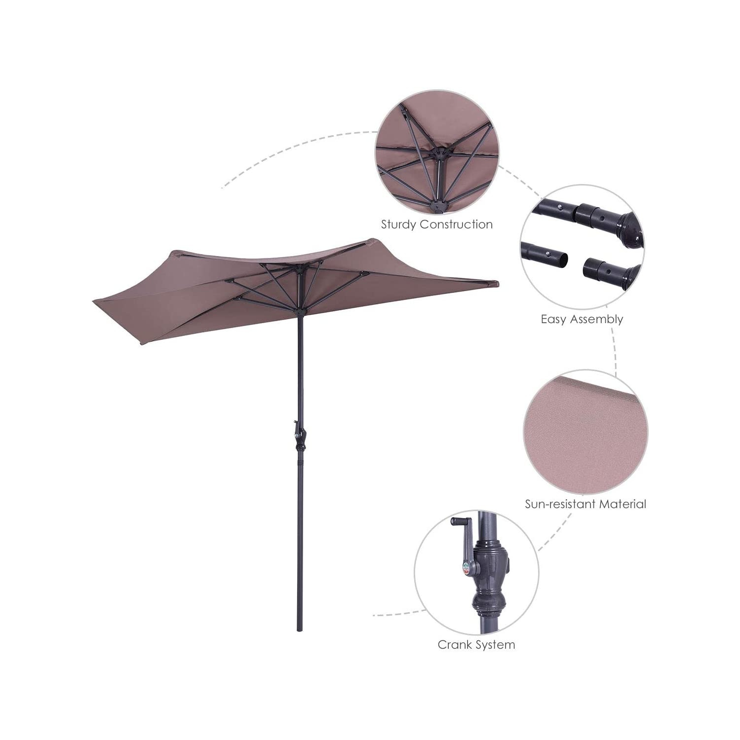 Demi-parasol d'extérieur de 9 pi pour patio ou bistro, conception peu encombrante sans base de poids