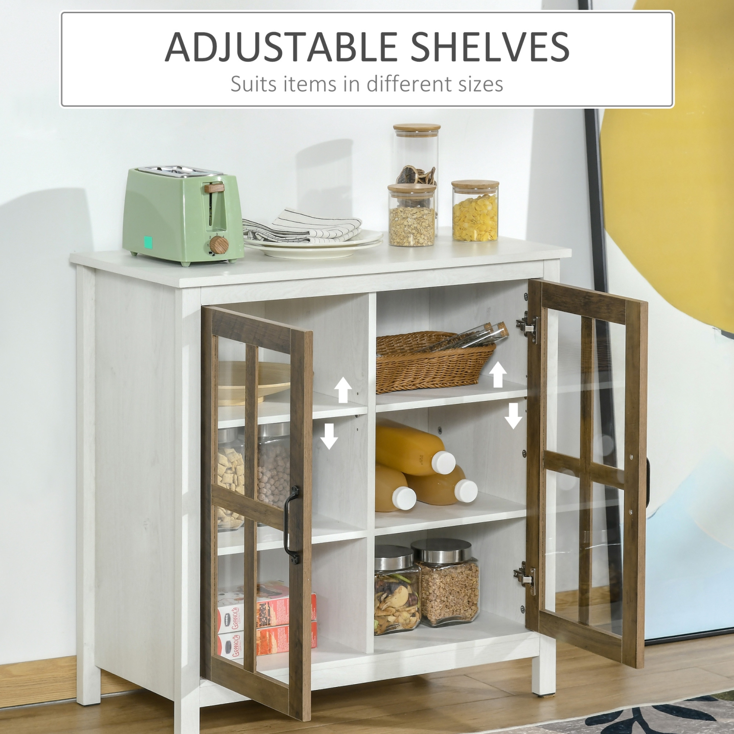 HOMCOM Kitchen Sideboard, Glass Door Buffet Cabinet, Accent Storage Cabinet with 2 Glass Doors and Adjustable Shelf, Distressed White