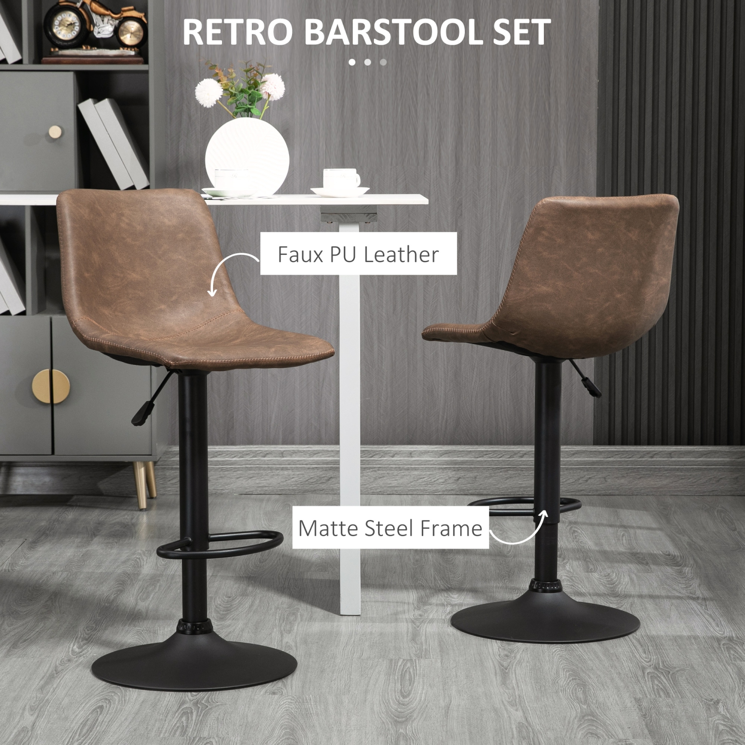 HOMCOM Adjustable Bar Stools Set of 2, Swivel Barstools with Back and Footrest, Faux Leather Counter Height Bar Chairs for Kitchen, Dining Room, Bar,