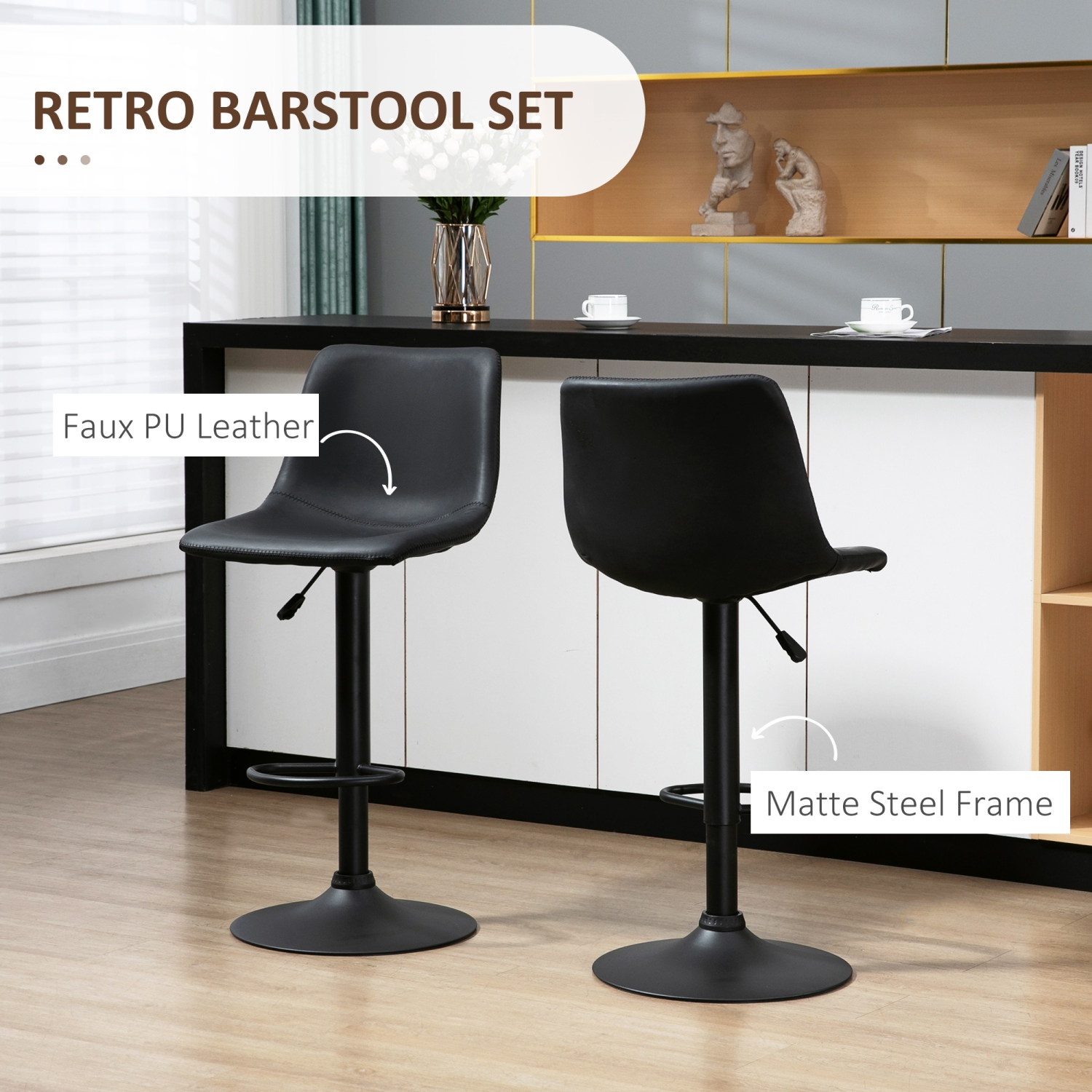 HOMCOM Adjustable Bar Stools Set of 2, Swivel Barstools with Back and Footrest, Faux Leather Counter Height Bar Chairs for Kitchen, Dining Room, Bar,