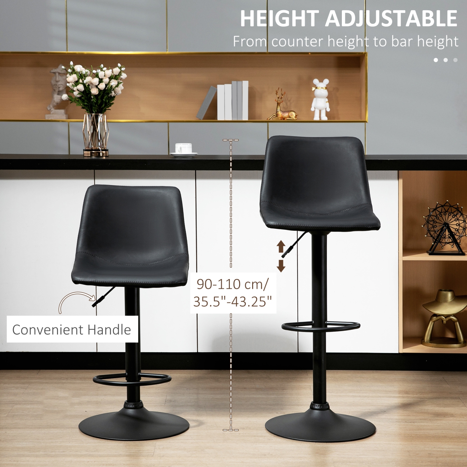 HOMCOM Adjustable Bar Stools Set of 2, Swivel Barstools with Back and Footrest, Faux Leather Counter Height Bar Chairs for Kitchen, Dining Room, Bar,