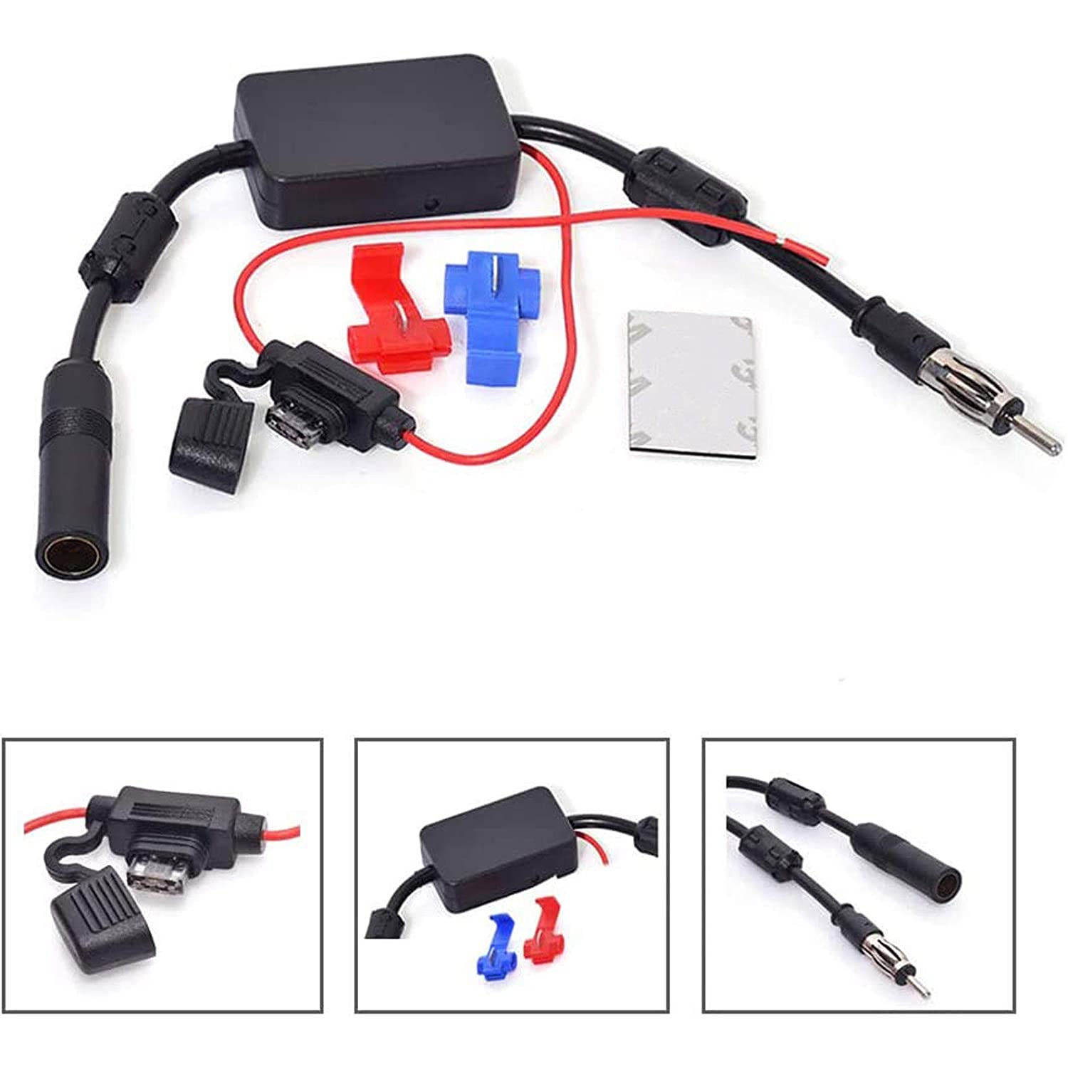 Universal Car Stereo FM Radio Antenna Signal Booster Amplifier Amp,12V Power Supply DIN Plug Connector Adapter for Vehicle Truck SUV Car Audio Radio