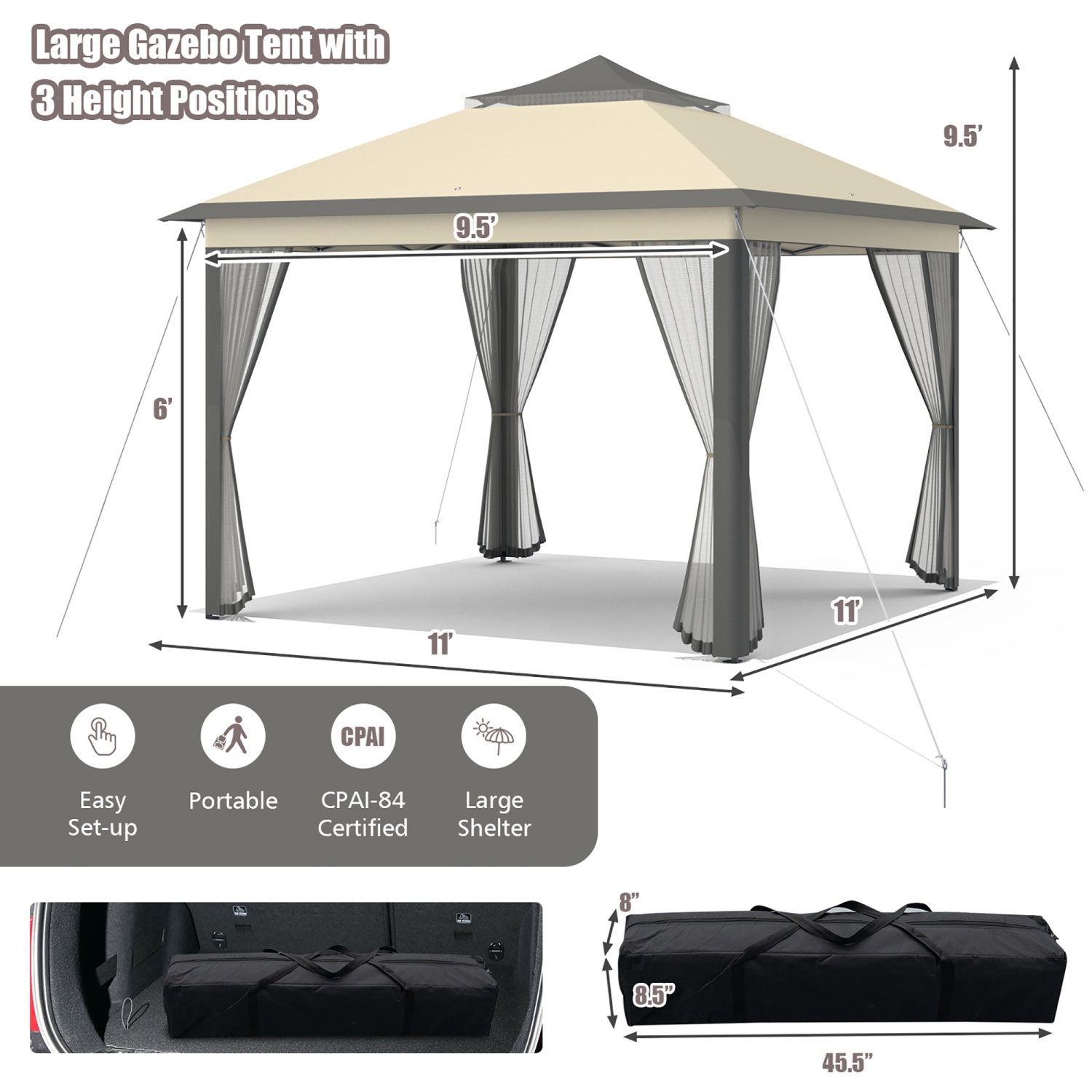 Costway 11'x11' 2-Tier Pop-Up Gazebo Tent Portable Canopy Shelter Carry Bag Mesh Brown\Beige