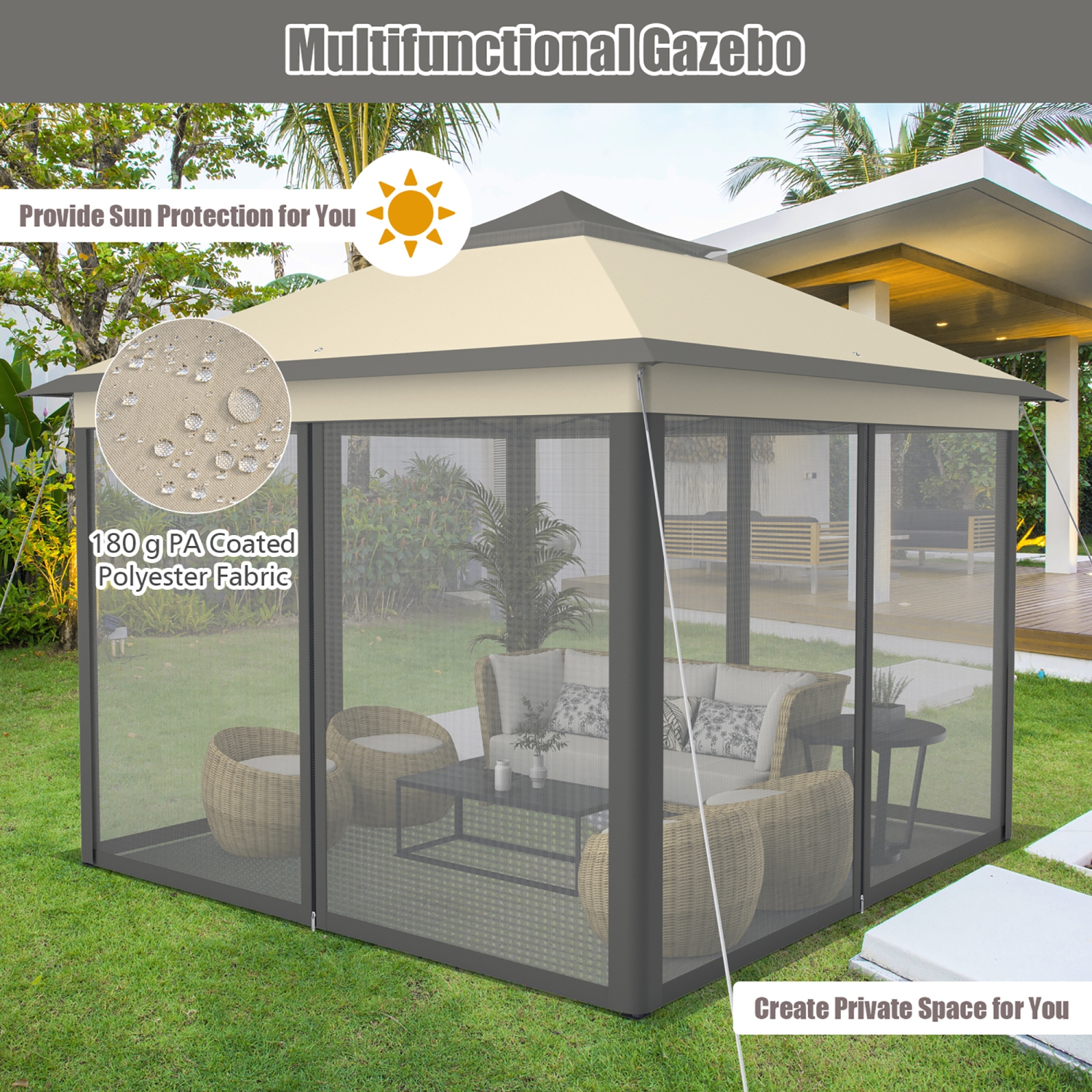 Costway 11'x11' 2-Tier Pop-Up Gazebo Tent Portable Canopy Shelter Carry Bag Mesh Brown\Beige