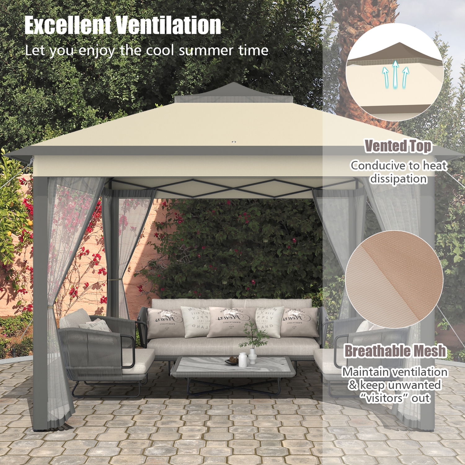 Costway 11'x11' 2-Tier Pop-Up Gazebo Tent Portable Canopy Shelter Carry Bag Mesh Brown\Beige