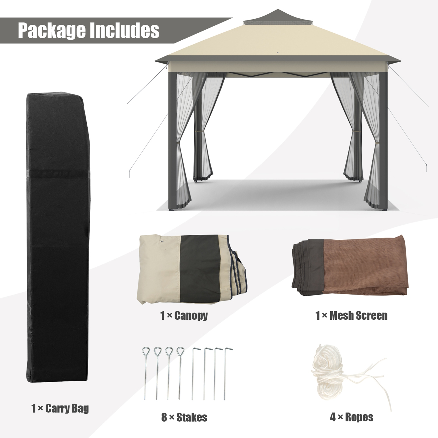Costway 11'x11' 2-Tier Pop-Up Gazebo Tent Portable Canopy Shelter Carry Bag Mesh Brown\Beige