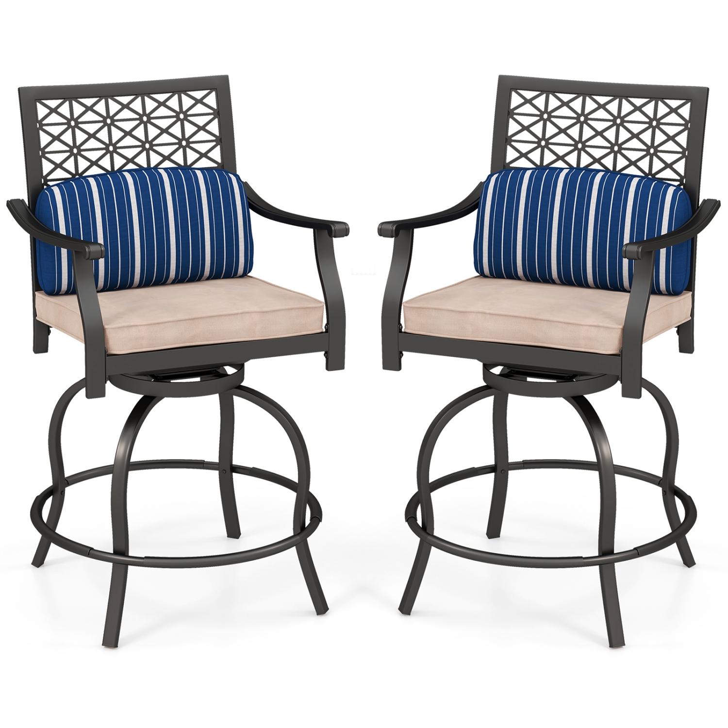 Costway Set of 2 Patio Swivel Bar Stool Chairs Cushioned Pillow Armrest Rocking