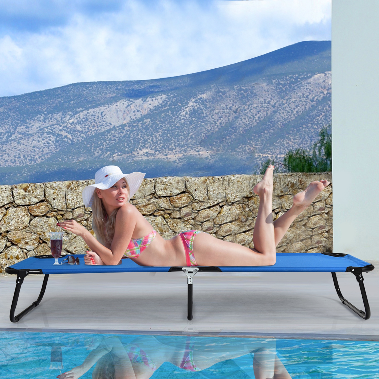 Gymax Blue Folding Camping Bed Outdoor Military Cot Sleeping