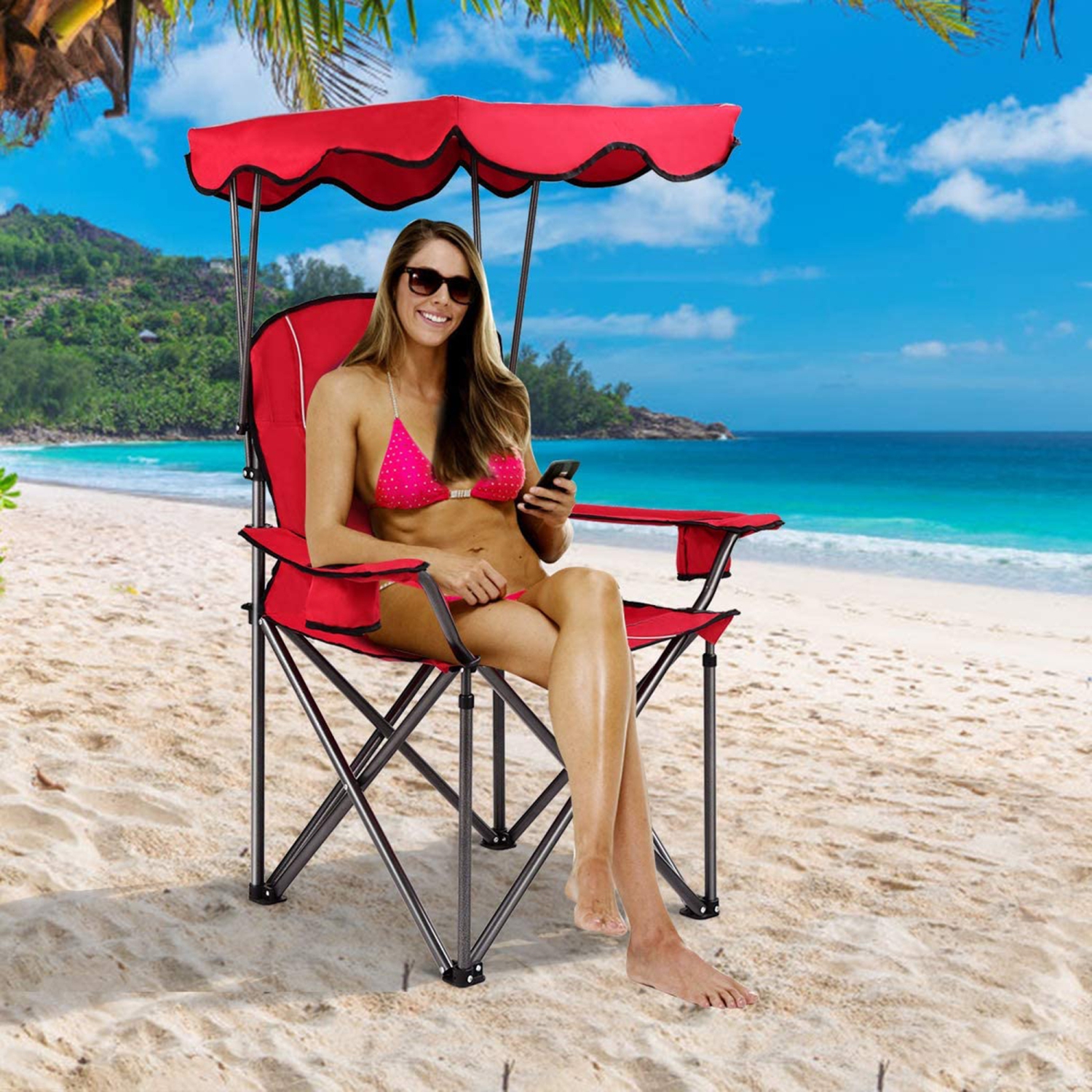 Gymax Folding Canopy Camping Chair Portable Beach Chair w/ Carrying Bag