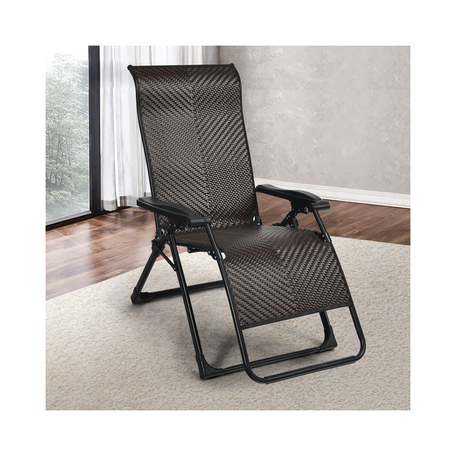 Gymax Patio Rattan Zero Weighted Lounge Chair Folding Recliner Adjustable W/Headrest