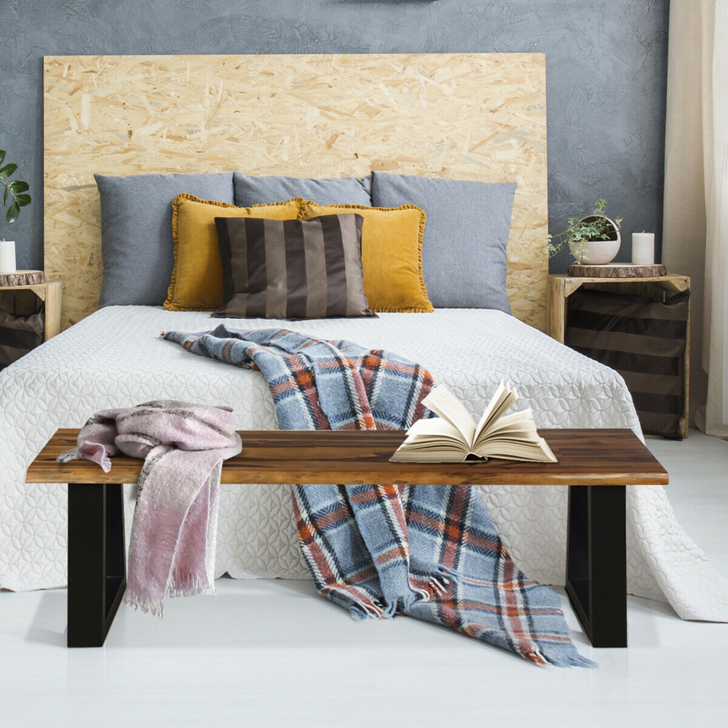 Gymax 2 PCS Solid Acacia Wood Patio Bench Dining Bench Outdoor W/Rustic Metal Legs