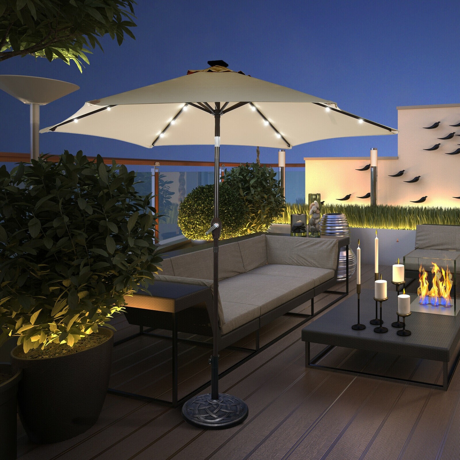 9 Feet Solar LED Lighted Patio Market Umbrella with Tilt Adjustment without Base