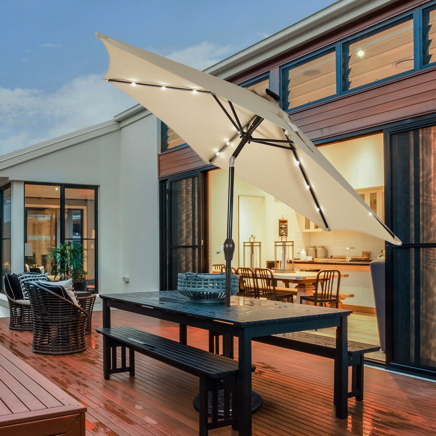 9 Feet Solar LED Lighted Patio Market Umbrella with Tilt Adjustment without Base