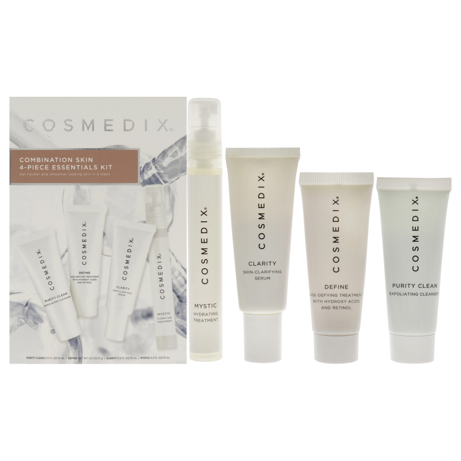 Trousse d'essentiels pour la peau combinée de Cosmedix pour unisexe - 4 PC 0,5&nbsp;oz Purity Clean, 0,5&nbsp;oz Define, 0,5&nbsp;oz Clarity,