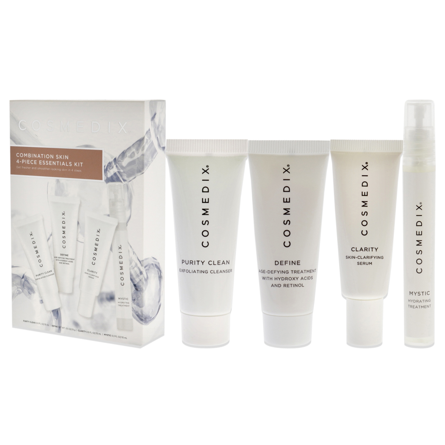 Trousse d'essentiels pour la peau combinée de Cosmedix pour unisexe - 4 PC 0,5&nbsp;oz Purity Clean, 0,5&nbsp;oz Define, 0,5&nbsp;oz Clarity,